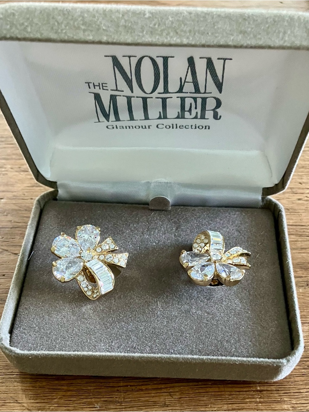 Nolan Miller Glamour Collection Crystal Flower and Bow Clip-On Earrings Vintage